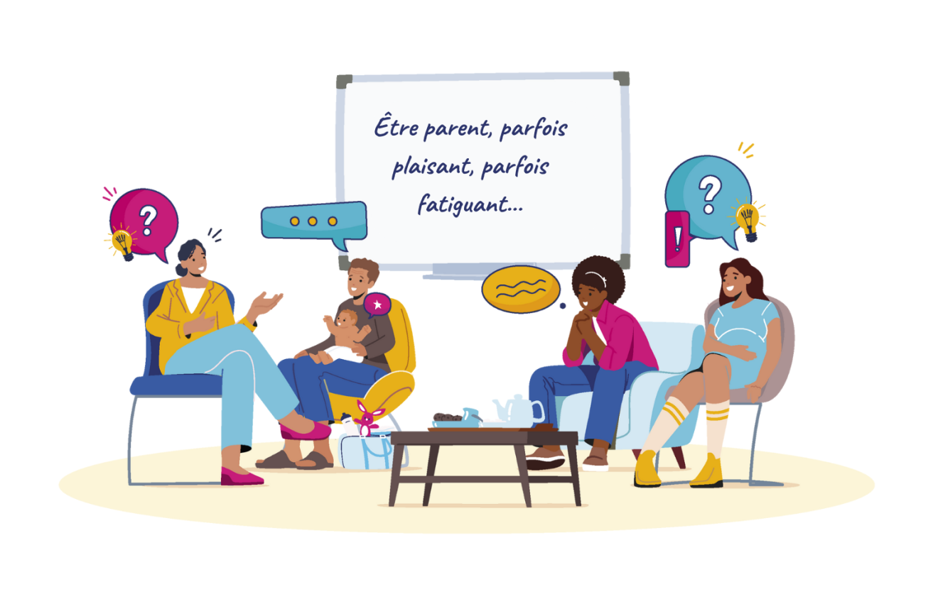 image parents discutant avec texte être parent, parfois plaisant parfois fatiguant