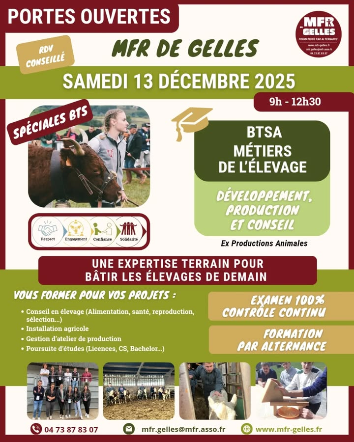 Le 13 décembre - portes ouvertes spécial BTSA métiers de l'élevage à la MFR GELLES