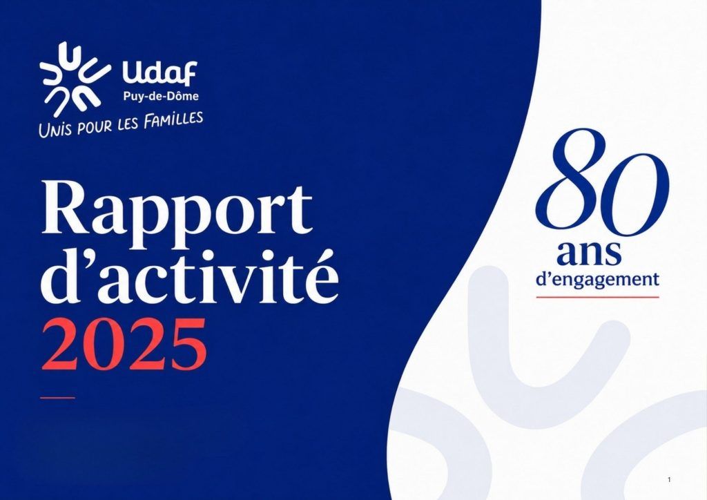 image page du rapport d'activité avec logo udaf et montant les 80 ans d'engagement